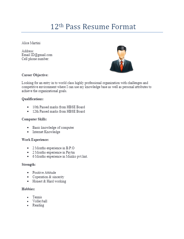 12th pass resume format