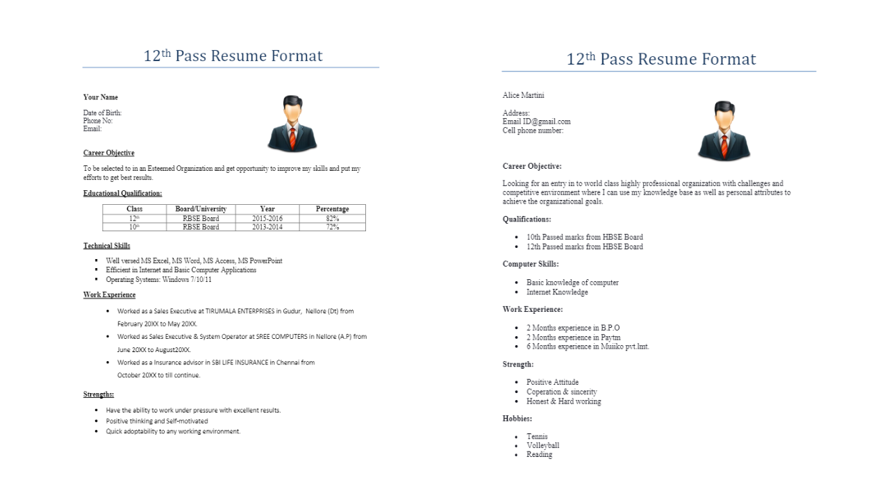 12th pass resume format