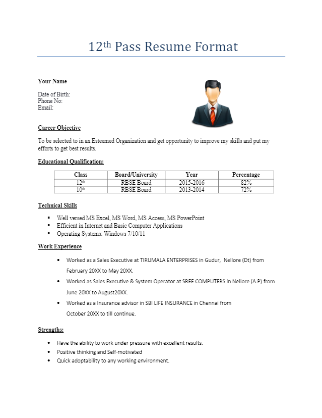 12th pass resume format