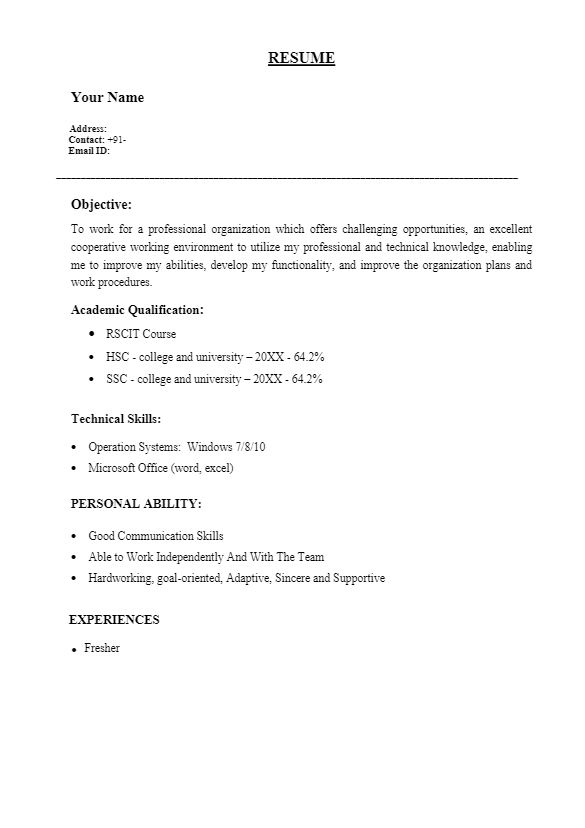 12th pass resume format