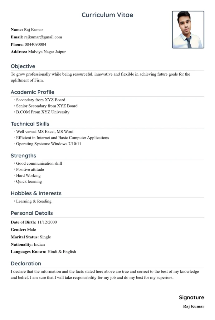 B.Com Resume Format